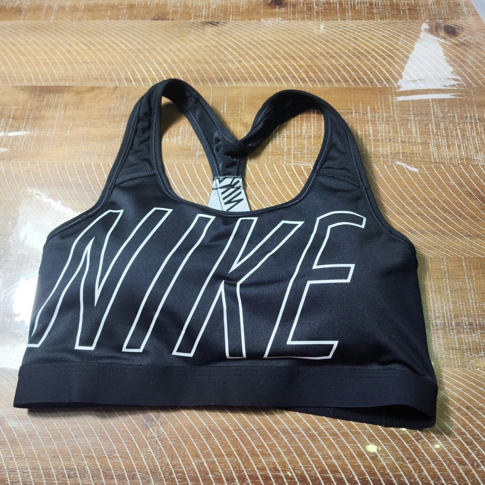 Nike Womens Dri-FIT Racerback Sports Bra Black White Logo Graphic Medium Support